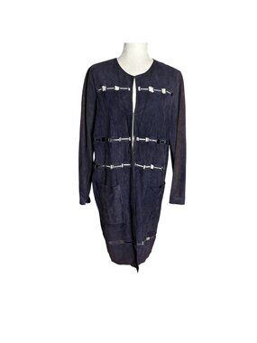 Elie Tahari Lamb Suede Long Duster Large Navy Blue Metal Hooks Lightweight Coat